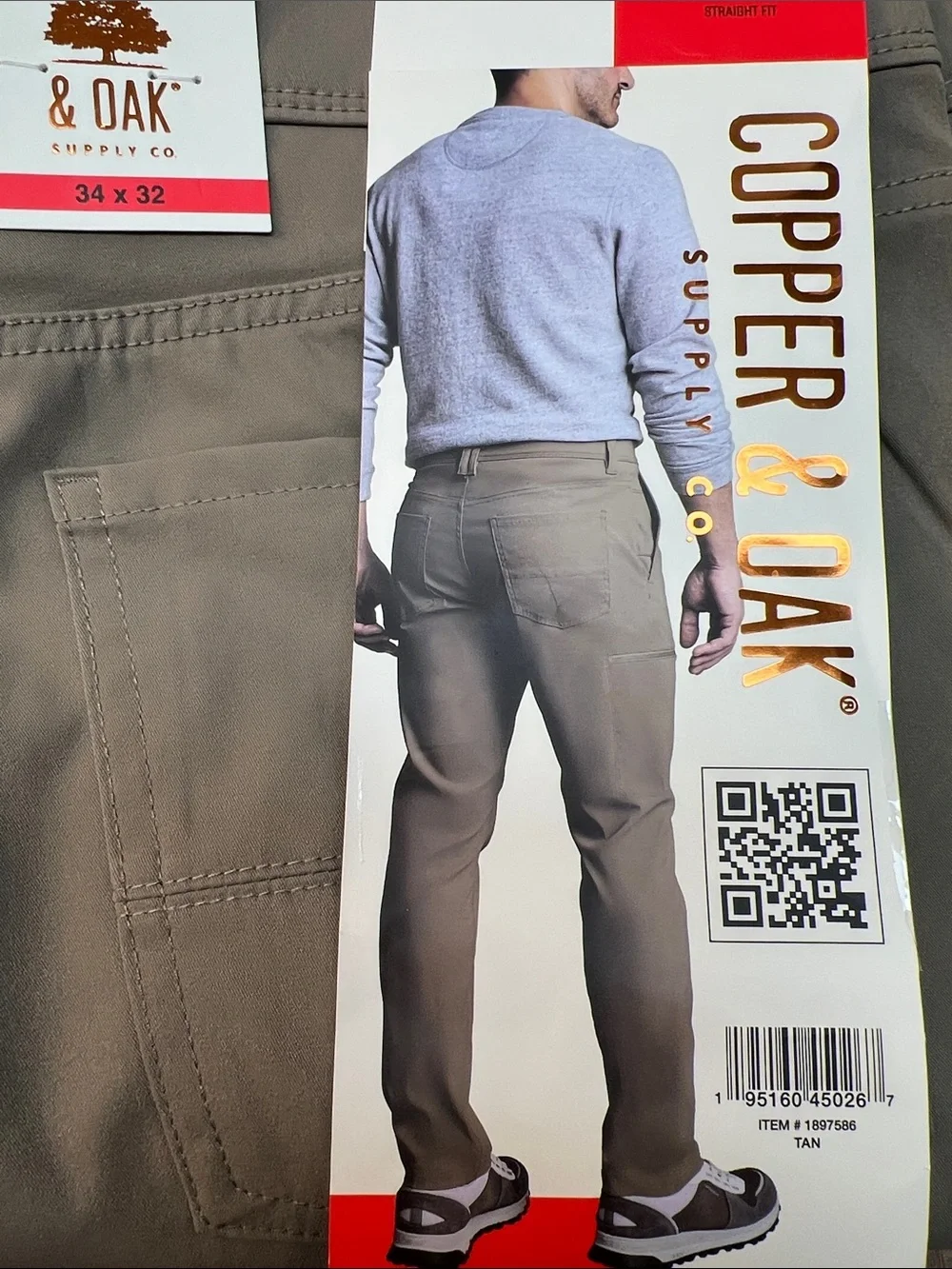 NWT Men's Copper&Oak Khaki Utility Chino Pants - Durable Tan Size 34x32